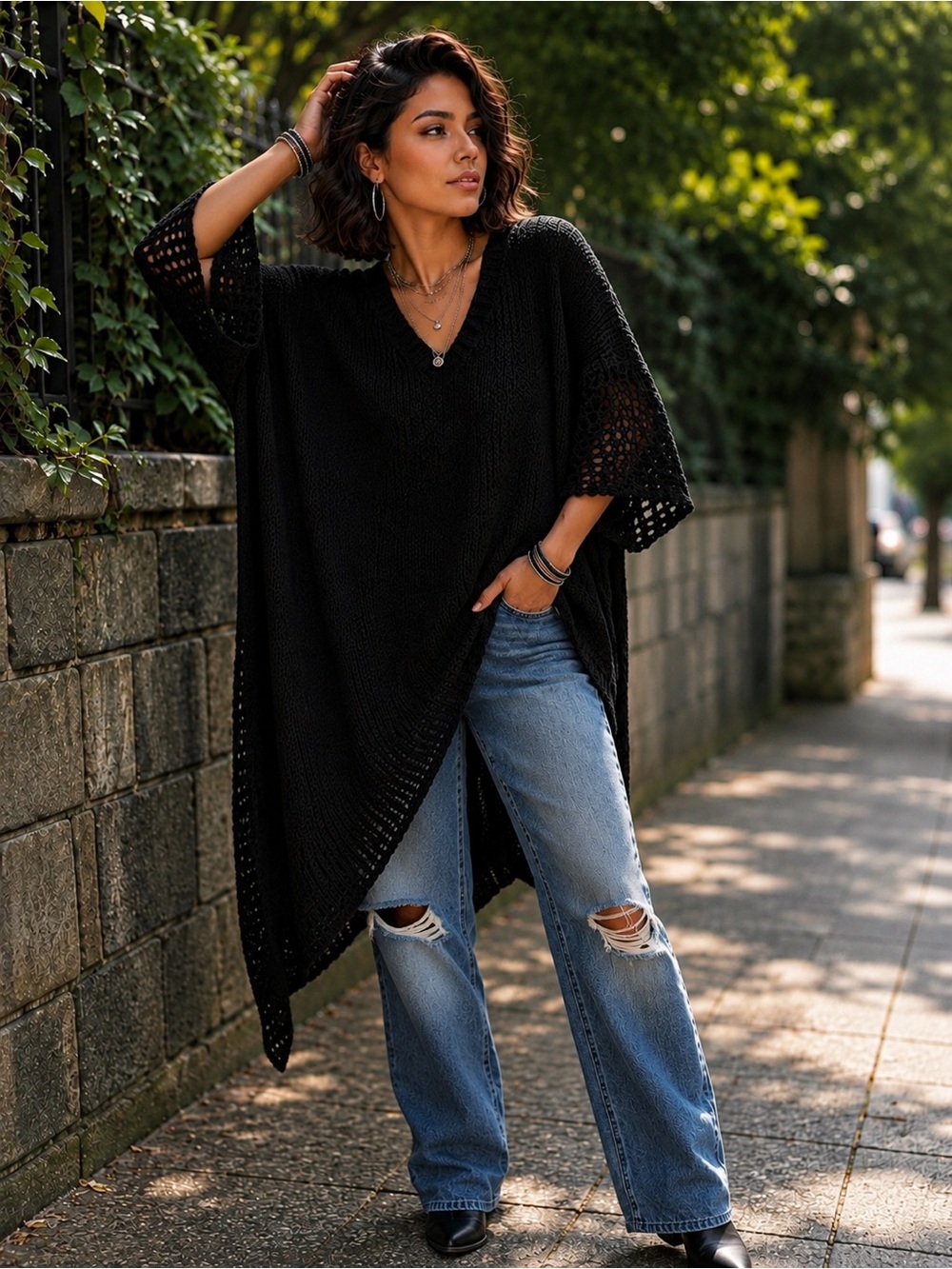 Black V-Neck Crochet Sleeve Poncho Sweater